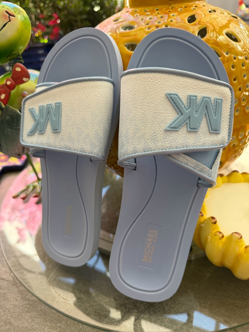 MICHAEL Michael Kors Light Blue & White Logo Slide Sandals